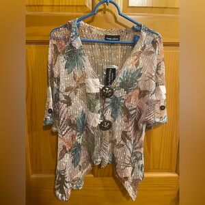 NWT Ronnie Salloway Loose Knit Floral Cover-Up with Buttons